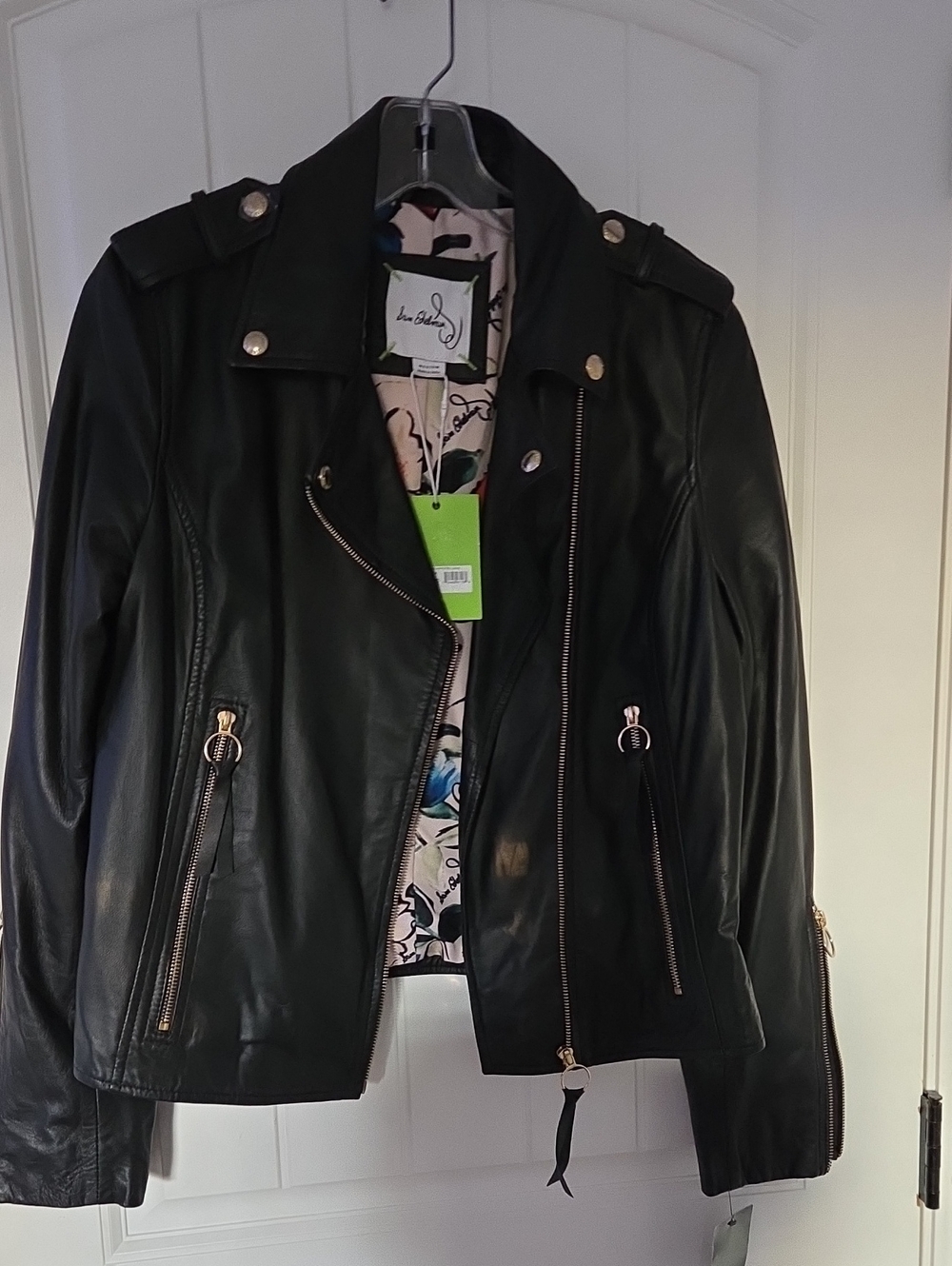 Black Leather Moto Jacket with Floral Lining
